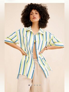 Anthropologie Striped Button-Down Shirt in White, Blue & Lime